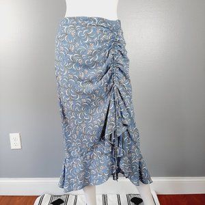 Max Studio Womens Cinch Front Skirt Size Small Blue Floral Print Midi Ruffle